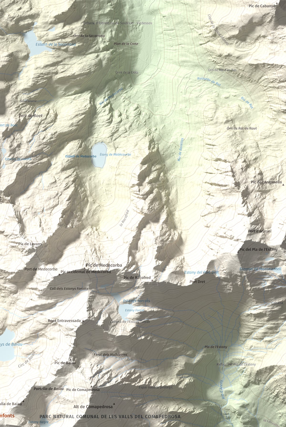 Mapa de relieve de Pic de Sanfonts, 2889 m, Andorra · Pallars Sobirà, lámina 100 Cims de Trobart. Detalle de la zona superior derecha. 61 × 91 cm.