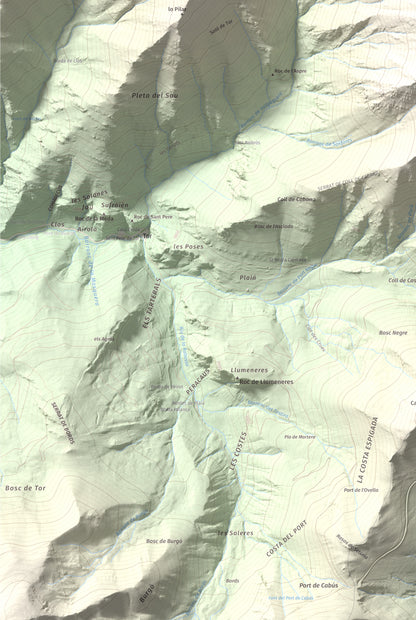 Mapa de relieve de Pic de Sanfonts, 2889 m, Andorra · Pallars Sobirà, lámina 100 Cims de Trobart. Detalle de la zona inferior izquierda. 61 × 91 cm.