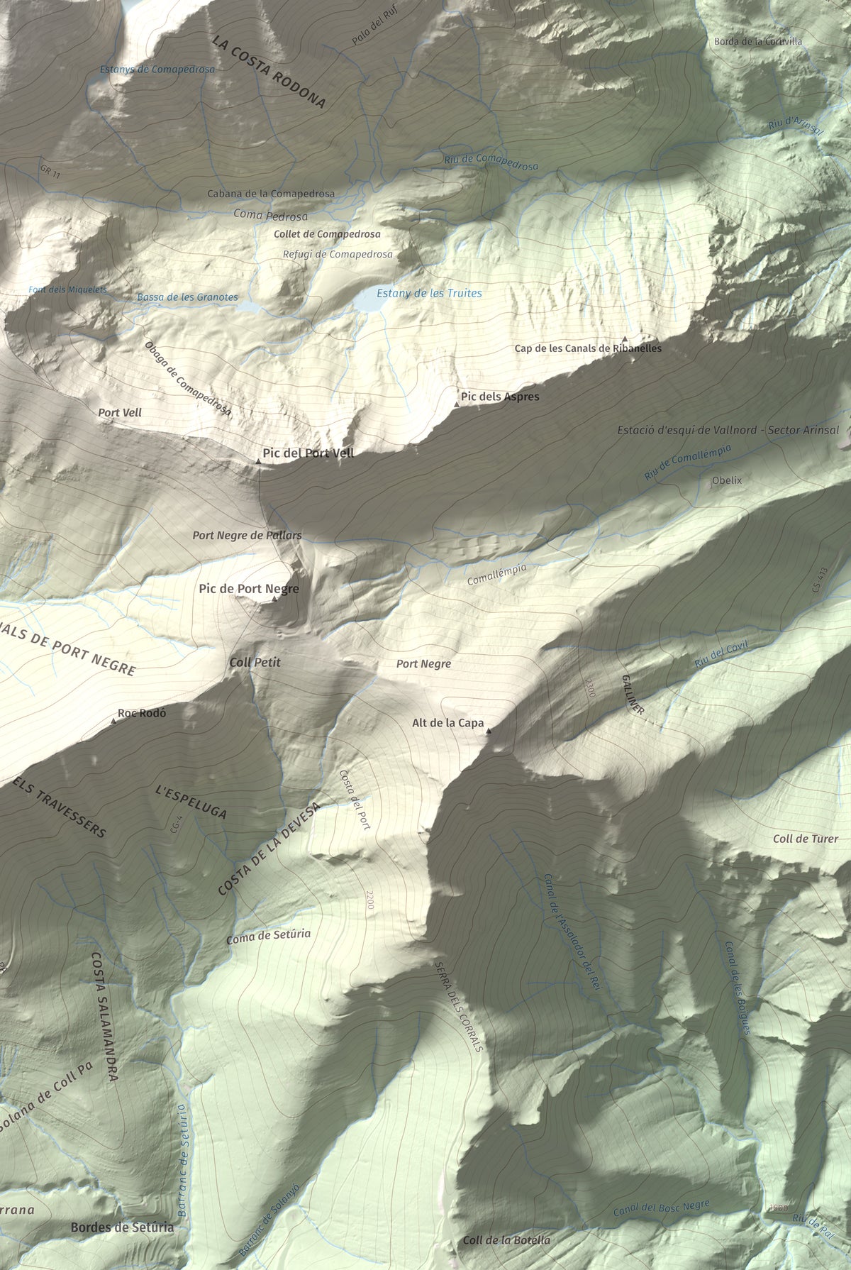 Mapa de relieve de Pic de Sanfonts, 2889 m, Andorra · Pallars Sobirà, lámina 100 Cims de Trobart. Detalle de la zona inferior derecha. 61 × 91 cm.