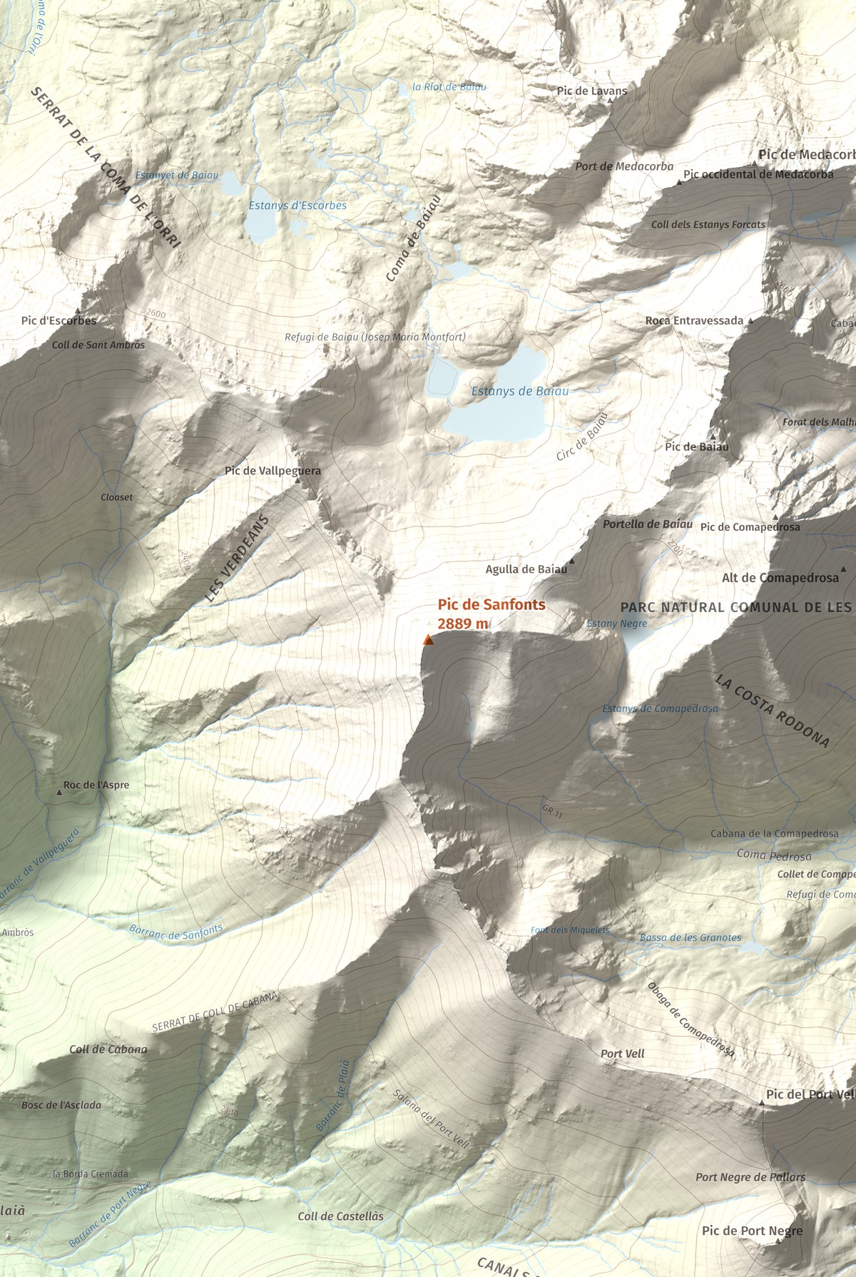 Mapa de relieve de Pic de Sanfonts, 2889 m, Andorra · Pallars Sobirà, lámina 100 Cims de Trobart. Detalle de la zona central. 61 × 91 cm.