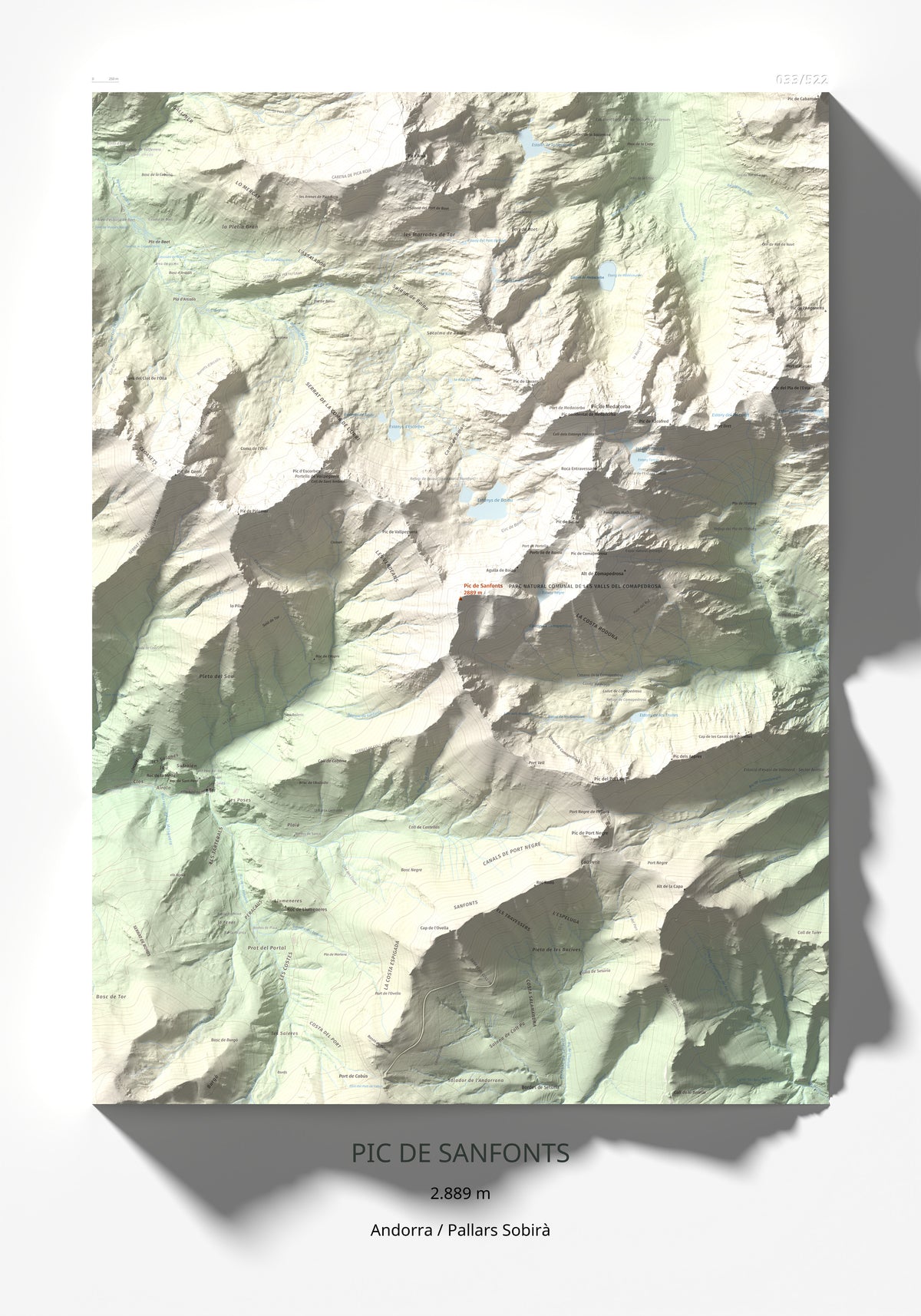 Mapa de relieve de Pic de Sanfonts, 2889 m, Andorra · Pallars Sobirà, lámina 100 Cims de Trobart 70 × 100 cm.