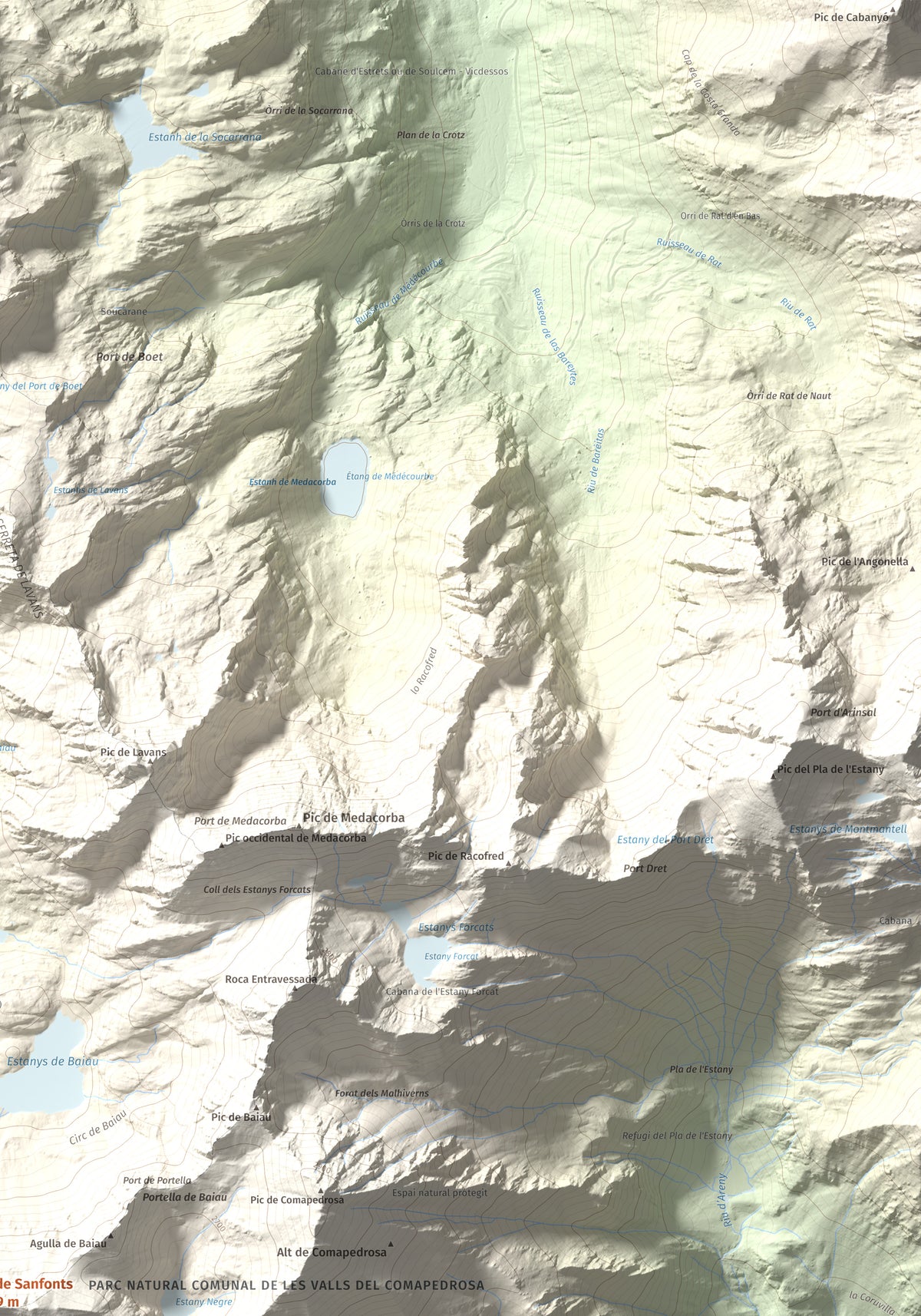 Mapa de relieve de Pic de Sanfonts, 2889 m, Andorra · Pallars Sobirà, lámina 100 Cims de Trobart. Detalle de la zona superior derecha. 70 × 100 cm.