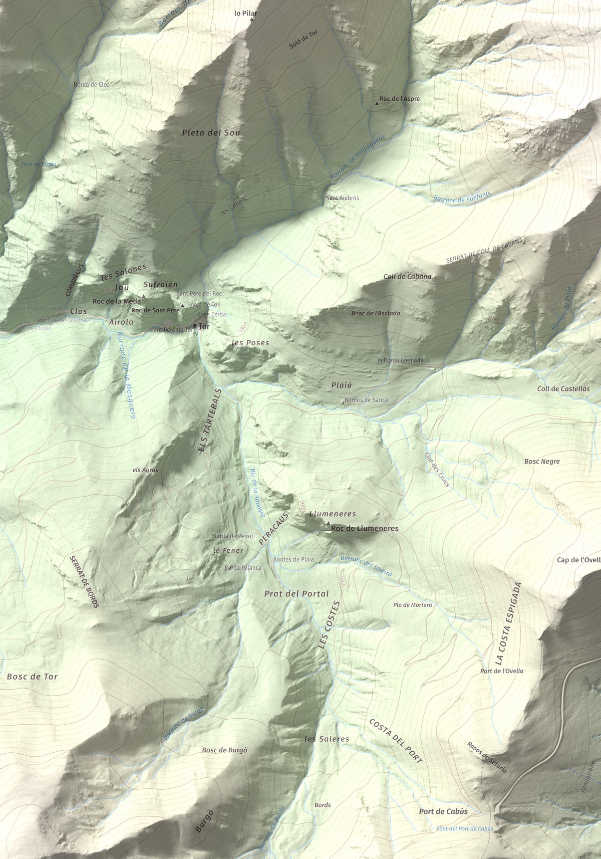 Mapa de relieve de Pic de Sanfonts, 2889 m, Andorra · Pallars Sobirà, lámina 100 Cims de Trobart. Detalle de la zona inferior izquierda. 70 × 100 cm.
