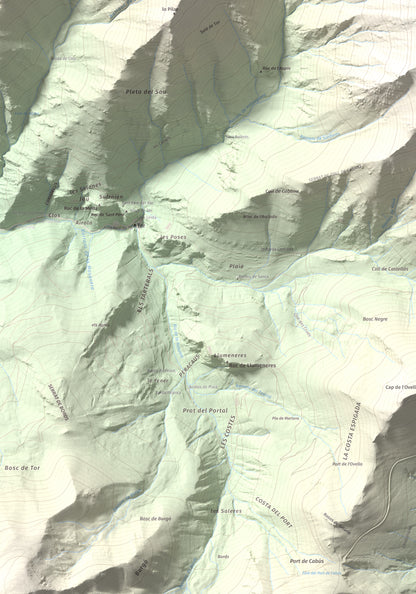 Mapa de relieve de Pic de Sanfonts, 2889 m, Andorra · Pallars Sobirà, lámina 100 Cims de Trobart. Detalle de la zona inferior izquierda. 70 × 100 cm.