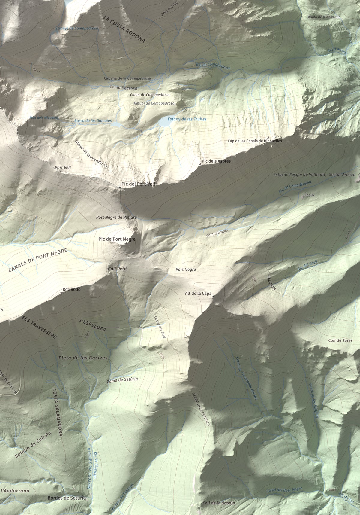 Mapa de relieve de Pic de Sanfonts, 2889 m, Andorra · Pallars Sobirà, lámina 100 Cims de Trobart. Detalle de la zona inferior derecha. 70 × 100 cm.