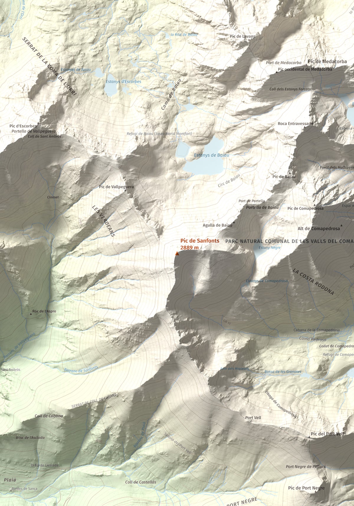 Mapa de relieve de Pic de Sanfonts, 2889 m, Andorra · Pallars Sobirà, lámina 100 Cims de Trobart. Detalle de la zona central. 70 × 100 cm.