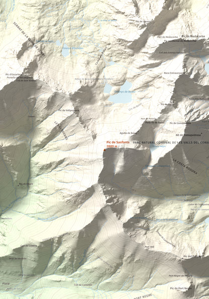Mapa de relieve de Pic de Sanfonts, 2889 m, Andorra · Pallars Sobirà, lámina 100 Cims de Trobart. Detalle de la zona central. 70 × 100 cm.