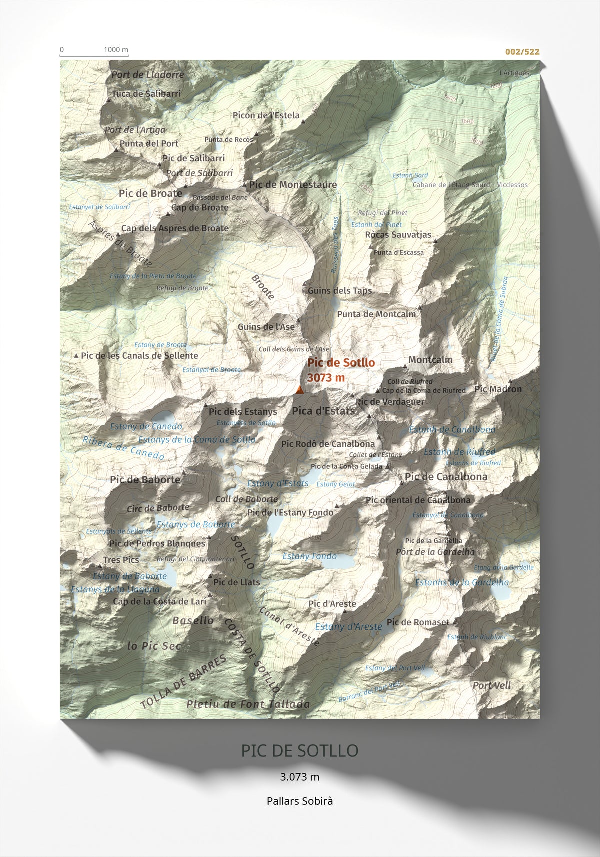 Mapa de relieve de Pic de Sotllo, 3073 m, Pallars Sobirà, lámina 100 Cims de Trobart 21 × 30 cm.