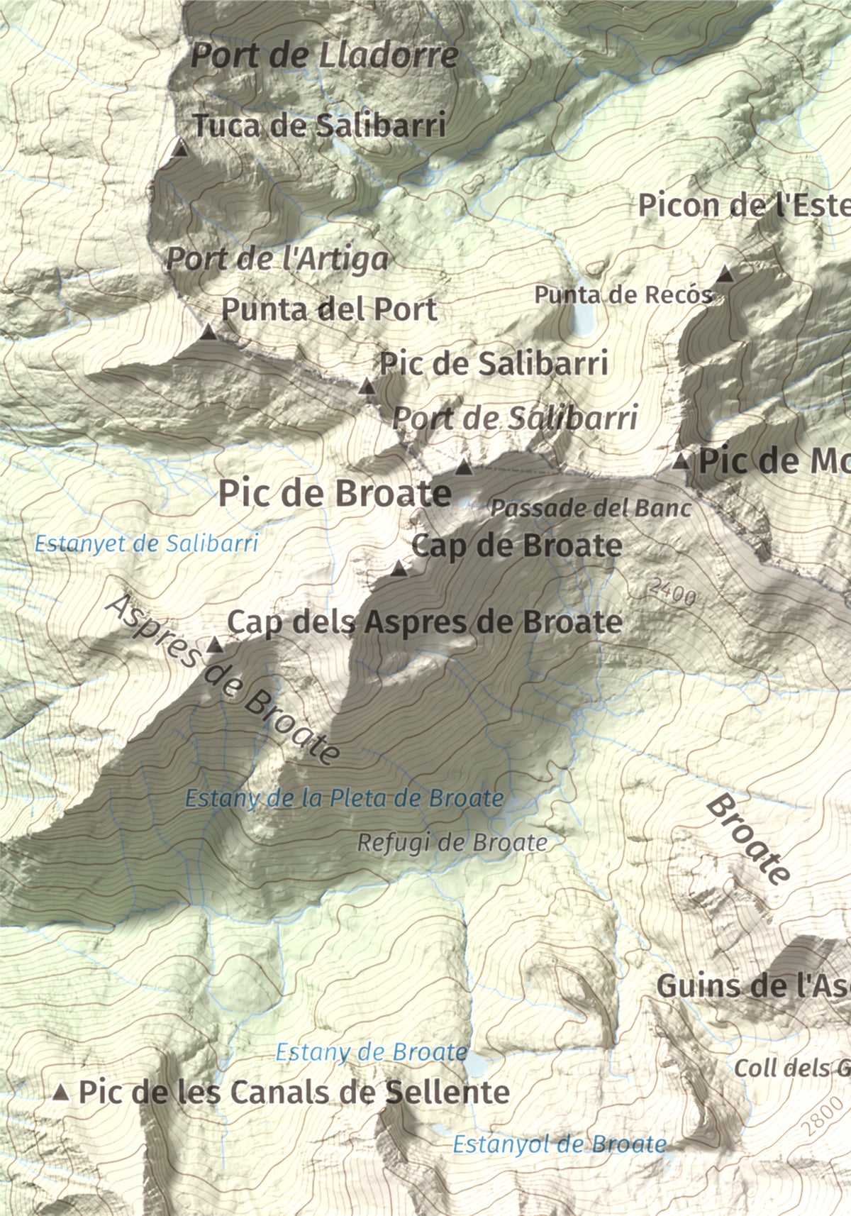 Mapa de relieve de Pic de Sotllo, 3073 m, Pallars Sobirà, lámina 100 Cims de Trobart. Detalle de la zona superior izquierda. 21 × 30 cm.