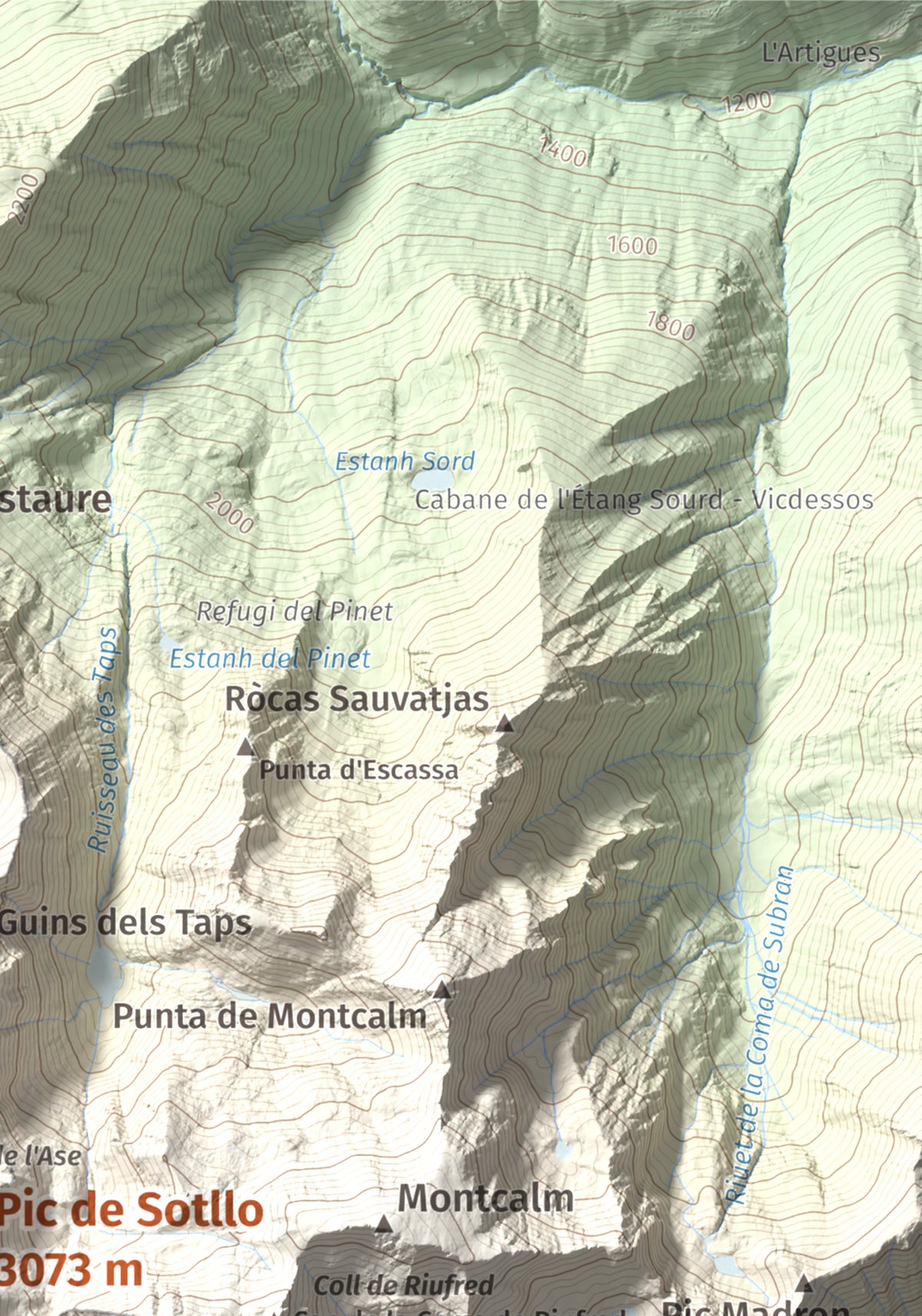 Mapa de relieve de Pic de Sotllo, 3073 m, Pallars Sobirà, lámina 100 Cims de Trobart. Detalle de la zona superior derecha. 21 × 30 cm.