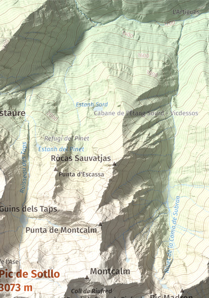 Mapa de relieve de Pic de Sotllo, 3073 m, Pallars Sobirà, lámina 100 Cims de Trobart. Detalle de la zona superior derecha. 21 × 30 cm.