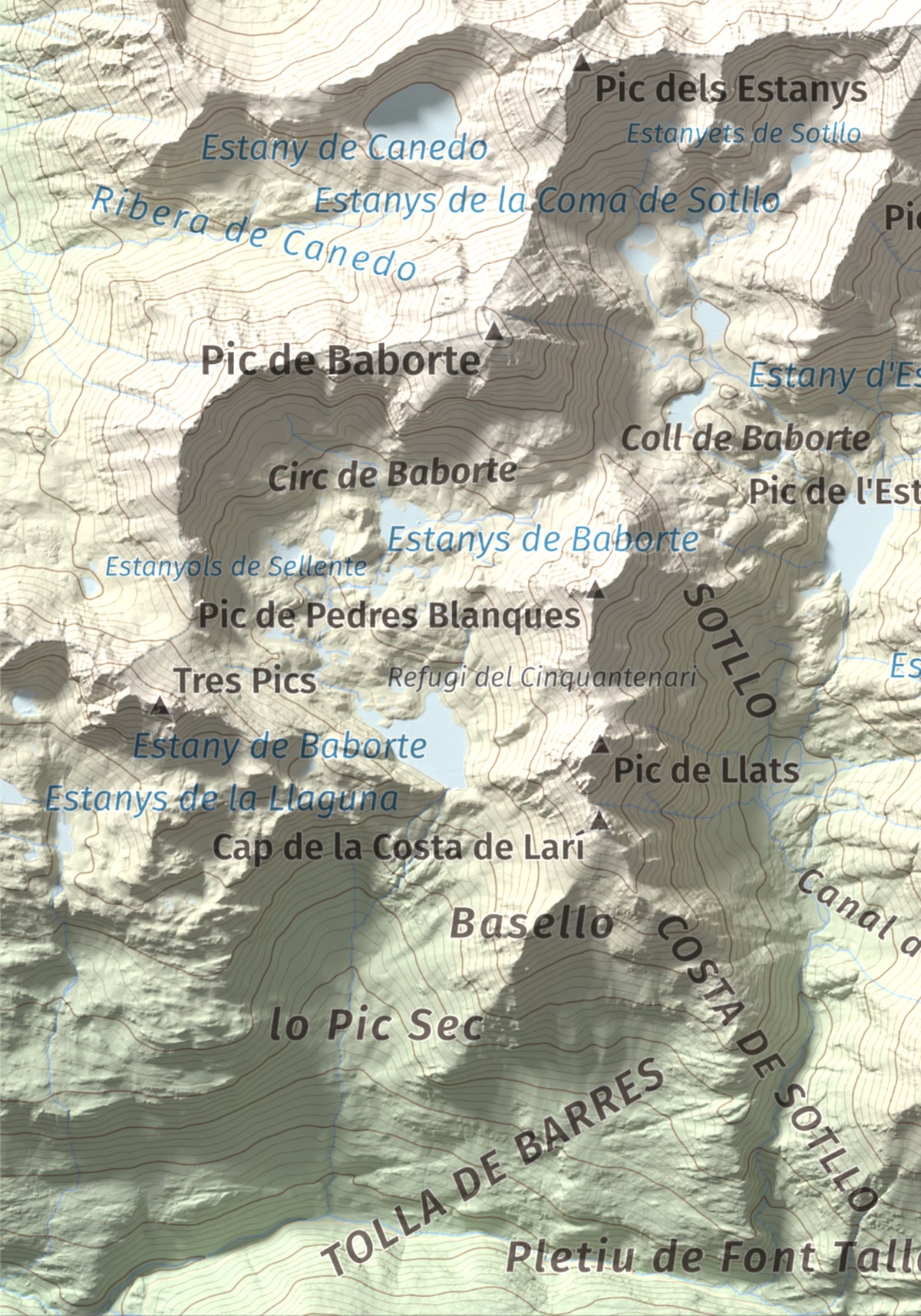 Mapa de relieve de Pic de Sotllo, 3073 m, Pallars Sobirà, lámina 100 Cims de Trobart. Detalle de la zona inferior izquierda. 21 × 30 cm.