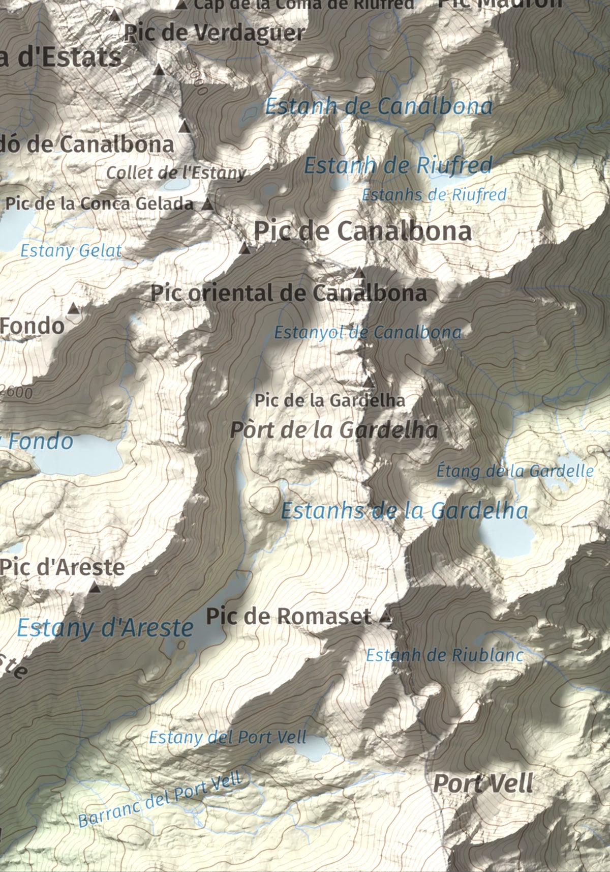 Mapa de relieve de Pic de Sotllo, 3073 m, Pallars Sobirà, lámina 100 Cims de Trobart. Detalle de la zona inferior derecha. 21 × 30 cm.