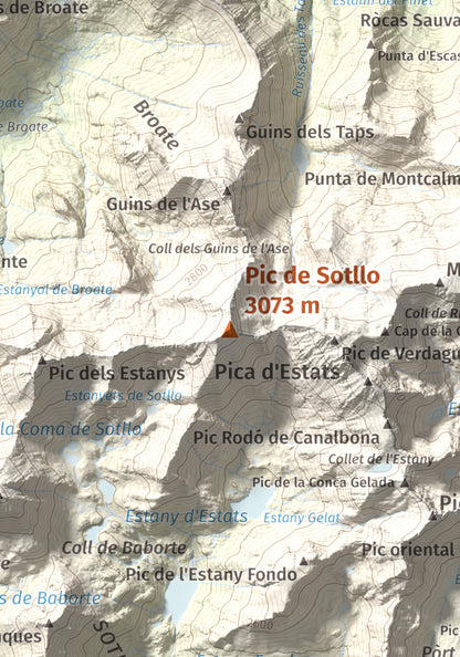 Mapa de relieve de Pic de Sotllo, 3073 m, Pallars Sobirà, lámina 100 Cims de Trobart. Detalle de la zona central. 21 × 30 cm.