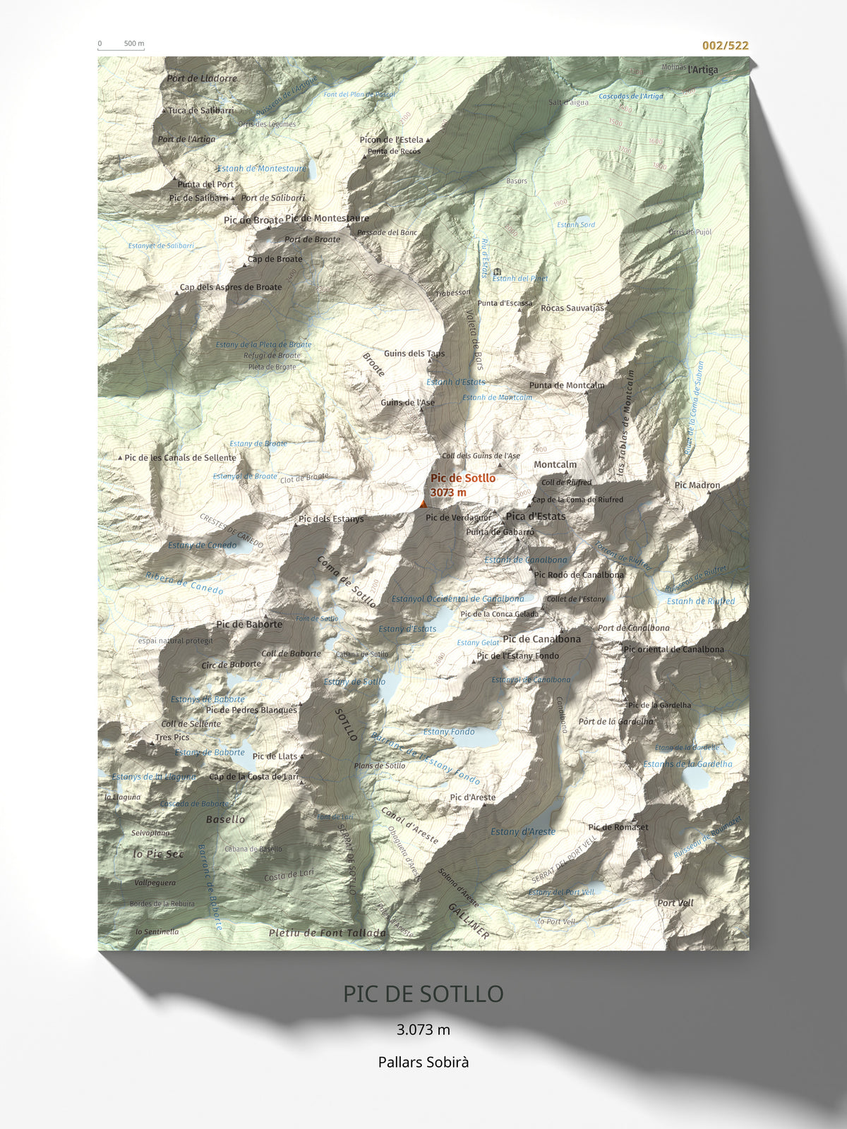 Mapa de relieve de Pic de Sotllo, 3073 m, Pallars Sobirà, lámina 100 Cims de Trobart 30 × 40 cm.