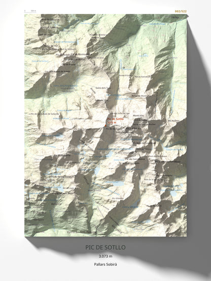 Mapa de relieve de Pic de Sotllo, 3073 m, Pallars Sobirà, lámina 100 Cims de Trobart 30 × 40 cm.