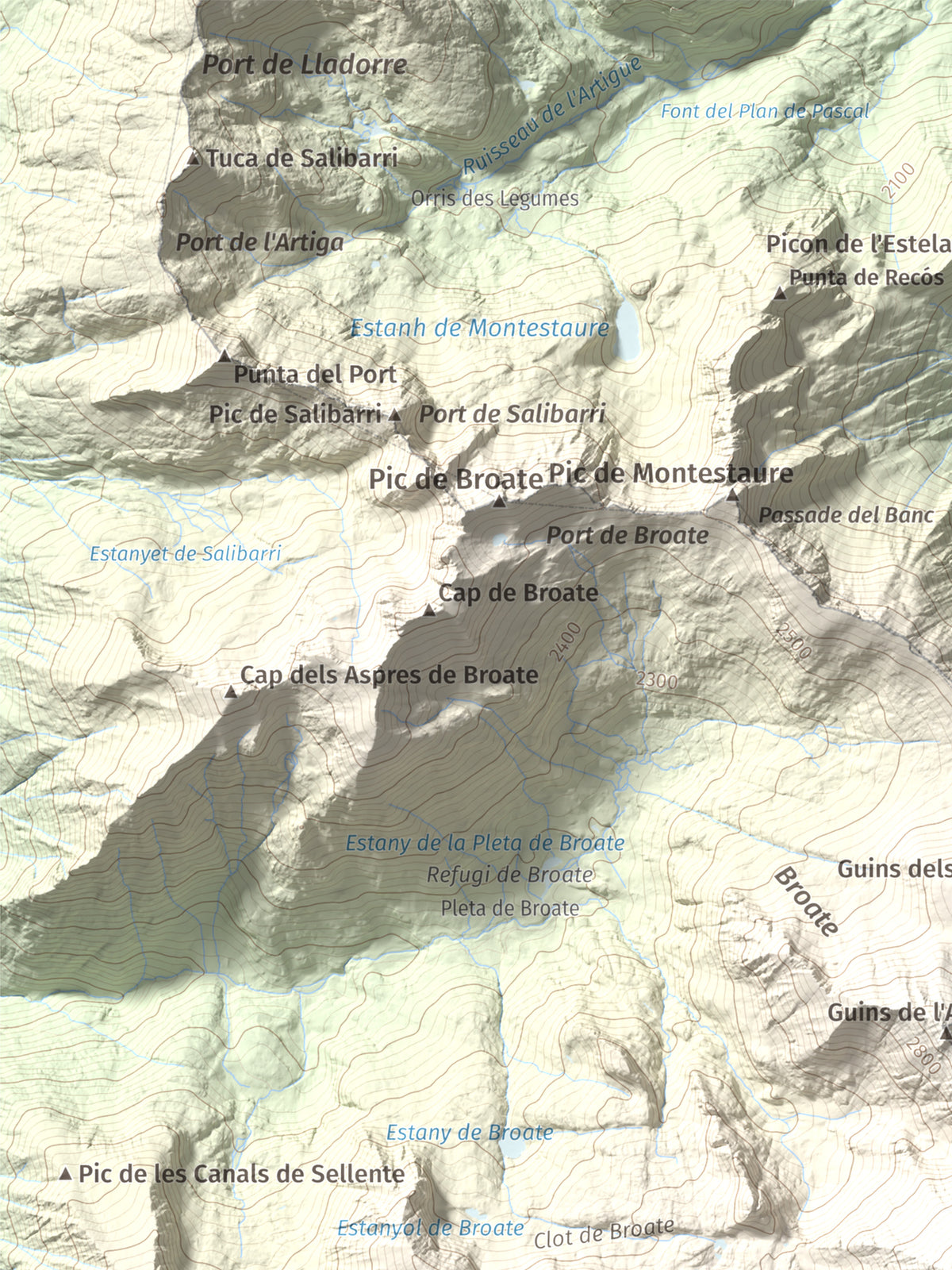 Mapa de relieve de Pic de Sotllo, 3073 m, Pallars Sobirà, lámina 100 Cims de Trobart. Detalle de la zona superior izquierda. 30 × 40 cm.