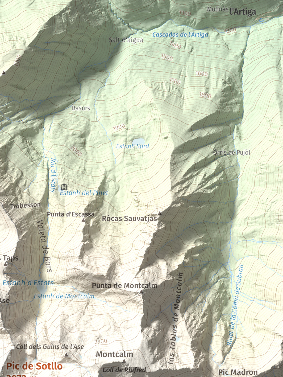 Mapa de relieve de Pic de Sotllo, 3073 m, Pallars Sobirà, lámina 100 Cims de Trobart. Detalle de la zona superior derecha. 30 × 40 cm.