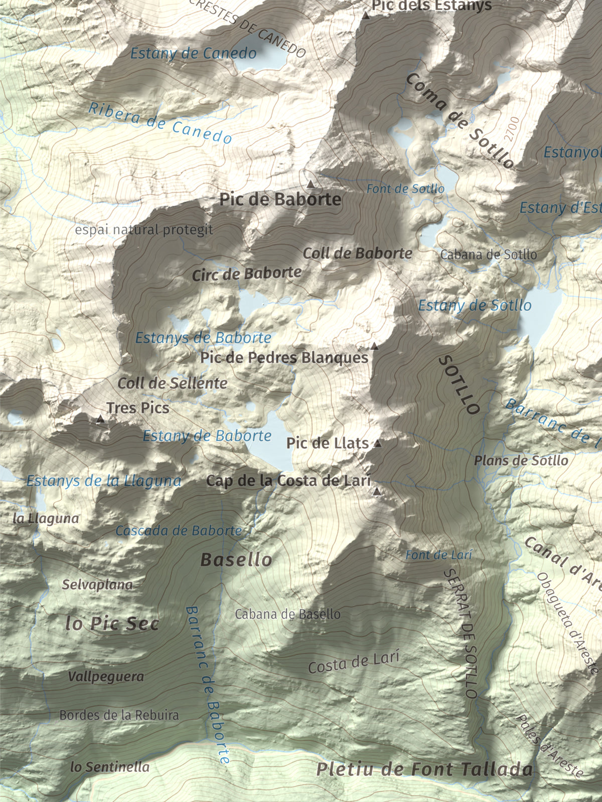 Mapa de relieve de Pic de Sotllo, 3073 m, Pallars Sobirà, lámina 100 Cims de Trobart. Detalle de la zona inferior izquierda. 30 × 40 cm.