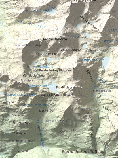 Mapa de relieve de Pic de Sotllo, 3073 m, Pallars Sobirà, lámina 100 Cims de Trobart. Detalle de la zona inferior izquierda. 30 × 40 cm.
