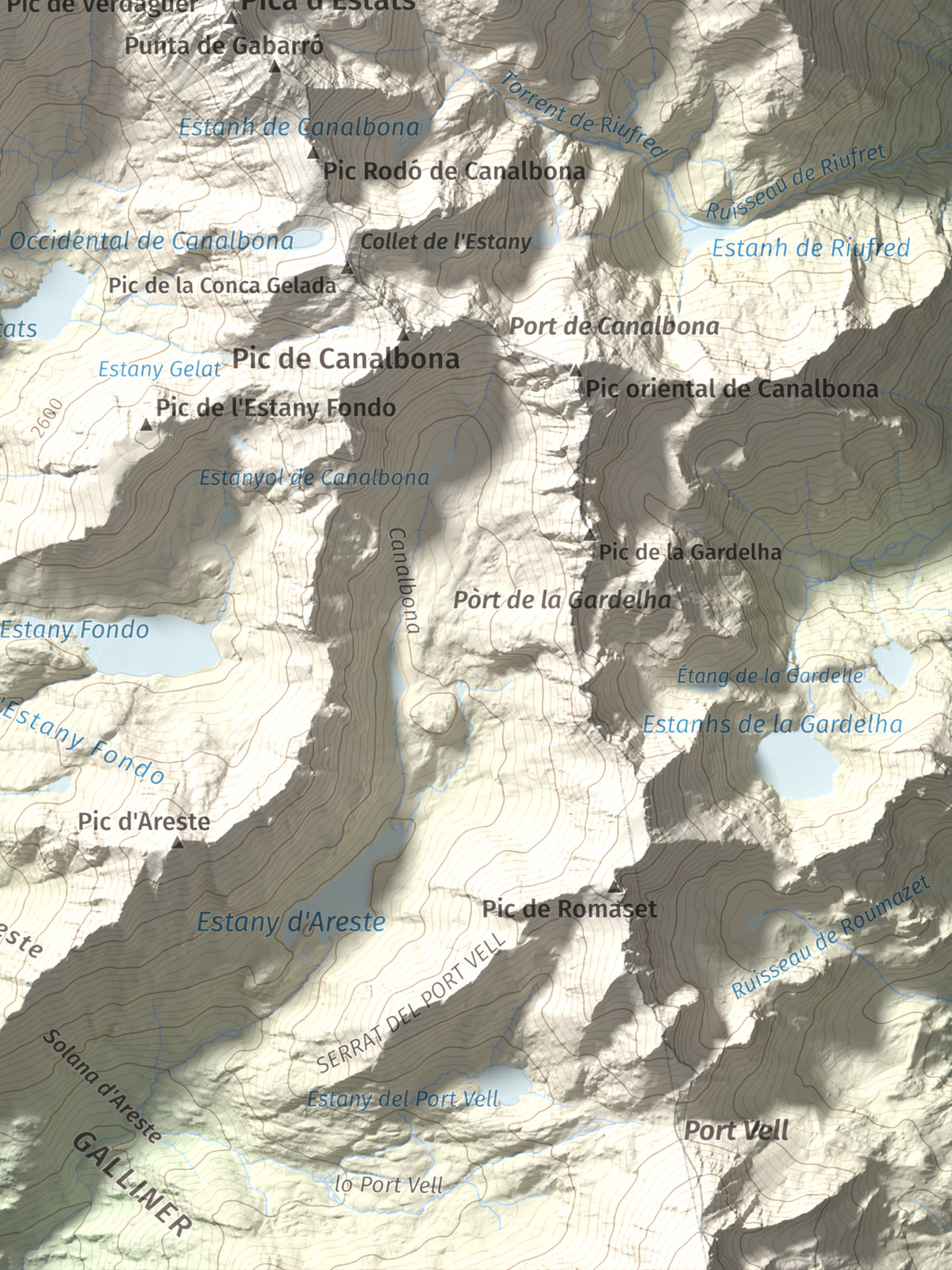 Mapa de relieve de Pic de Sotllo, 3073 m, Pallars Sobirà, lámina 100 Cims de Trobart. Detalle de la zona inferior derecha. 30 × 40 cm.