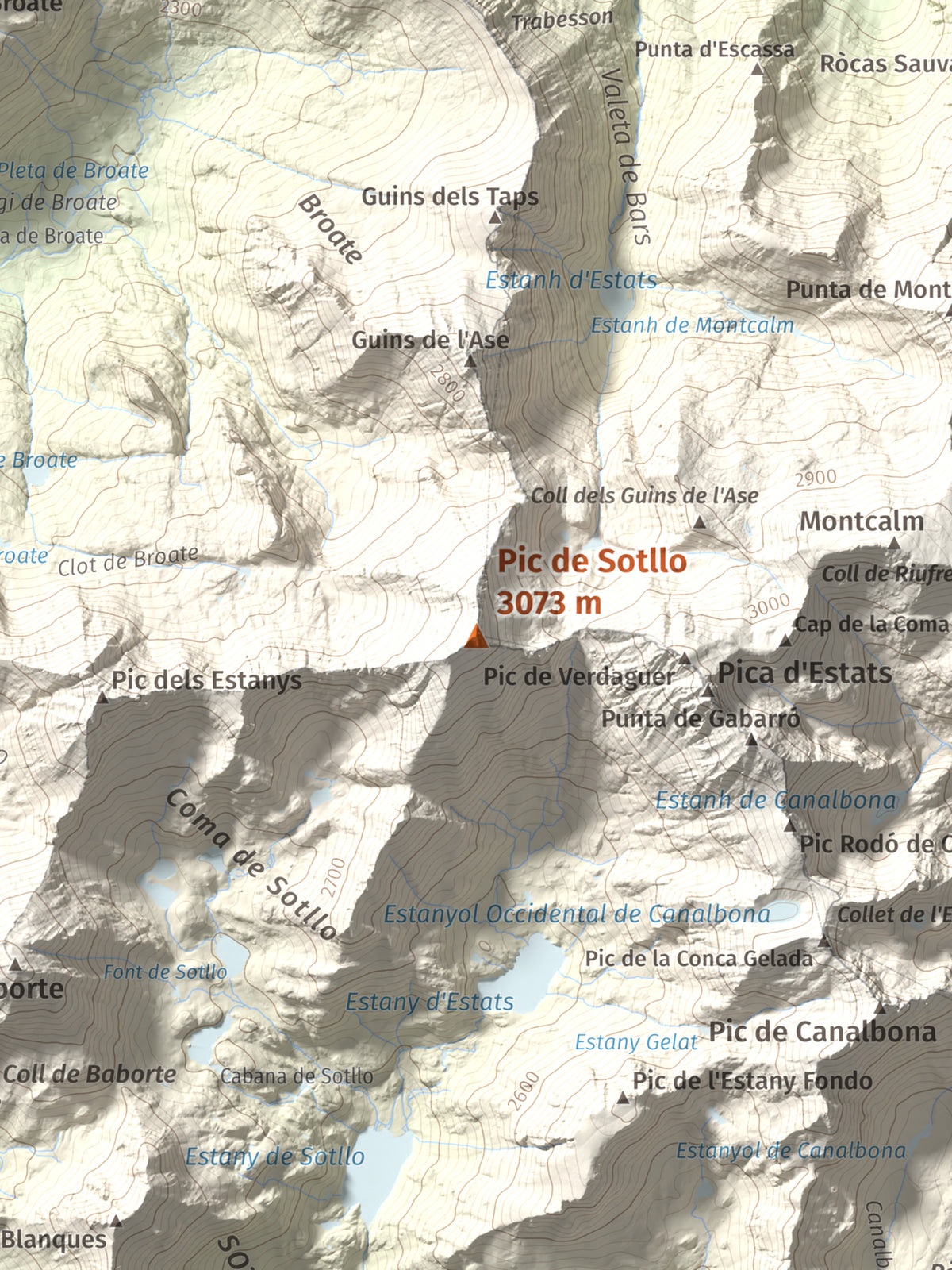 Mapa de relieve de Pic de Sotllo, 3073 m, Pallars Sobirà, lámina 100 Cims de Trobart. Detalle de la zona central. 30 × 40 cm.