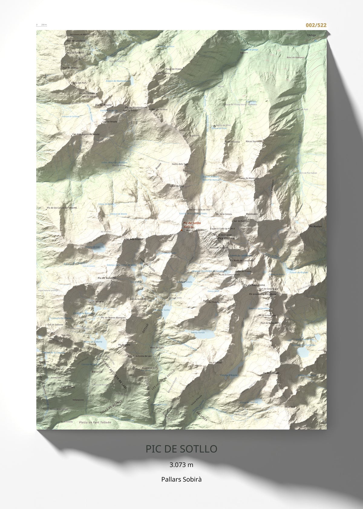 Mapa de relieve de Pic de Sotllo, 3073 m, Pallars Sobirà, lámina 100 Cims de Trobart 50 × 70 cm.