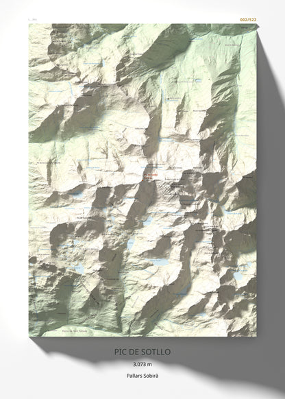 Mapa de relieve de Pic de Sotllo, 3073 m, Pallars Sobirà, lámina 100 Cims de Trobart 50 × 70 cm.
