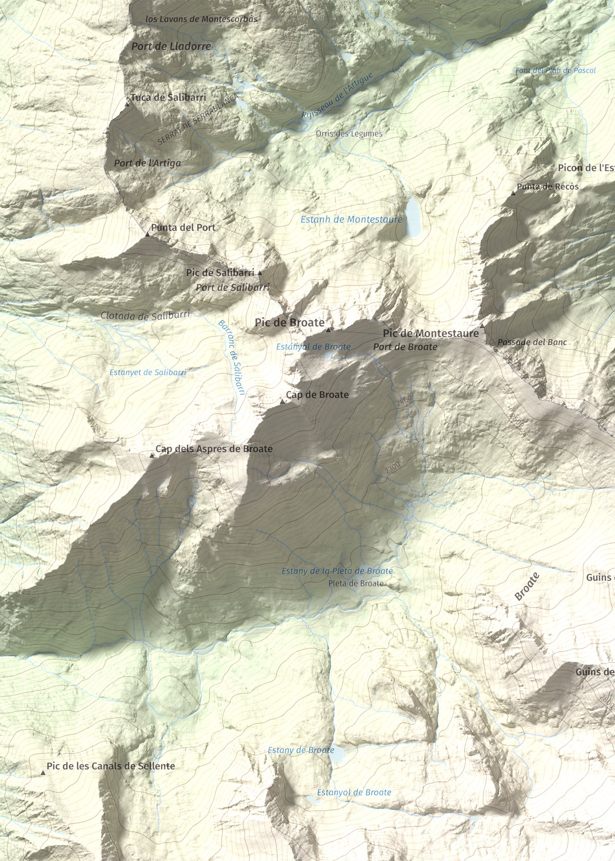 Mapa de relieve de Pic de Sotllo, 3073 m, Pallars Sobirà, lámina 100 Cims de Trobart. Detalle de la zona superior izquierda. 50 × 70 cm.