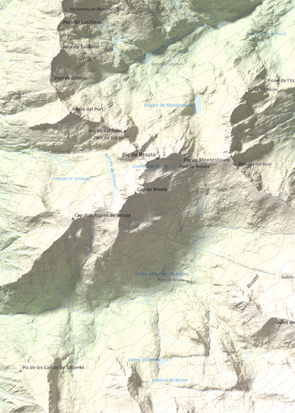 Mapa de relieve de Pic de Sotllo, 3073 m, Pallars Sobirà, lámina 100 Cims de Trobart. Detalle de la zona superior izquierda. 50 × 70 cm.