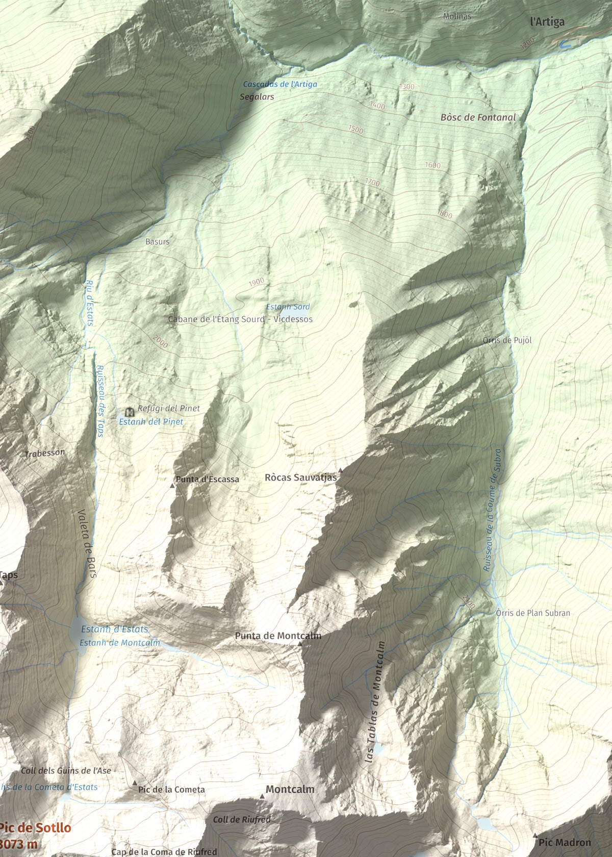 Mapa de relieve de Pic de Sotllo, 3073 m, Pallars Sobirà, lámina 100 Cims de Trobart. Detalle de la zona superior derecha. 50 × 70 cm.