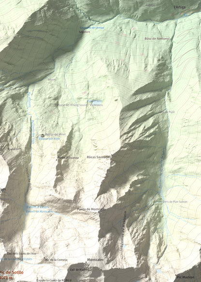 Mapa de relieve de Pic de Sotllo, 3073 m, Pallars Sobirà, lámina 100 Cims de Trobart. Detalle de la zona superior derecha. 50 × 70 cm.