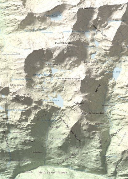 Mapa de relieve de Pic de Sotllo, 3073 m, Pallars Sobirà, lámina 100 Cims de Trobart. Detalle de la zona inferior izquierda. 50 × 70 cm.