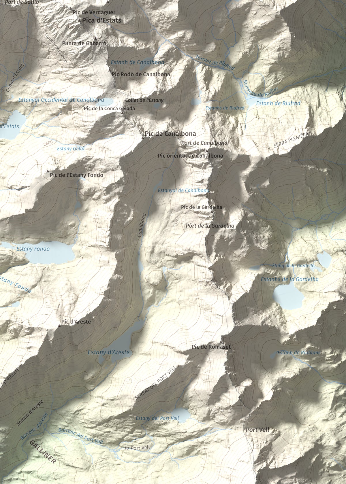 Mapa de relieve de Pic de Sotllo, 3073 m, Pallars Sobirà, lámina 100 Cims de Trobart. Detalle de la zona inferior derecha. 50 × 70 cm.