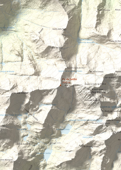Mapa de relieve de Pic de Sotllo, 3073 m, Pallars Sobirà, lámina 100 Cims de Trobart. Detalle de la zona central. 50 × 70 cm.