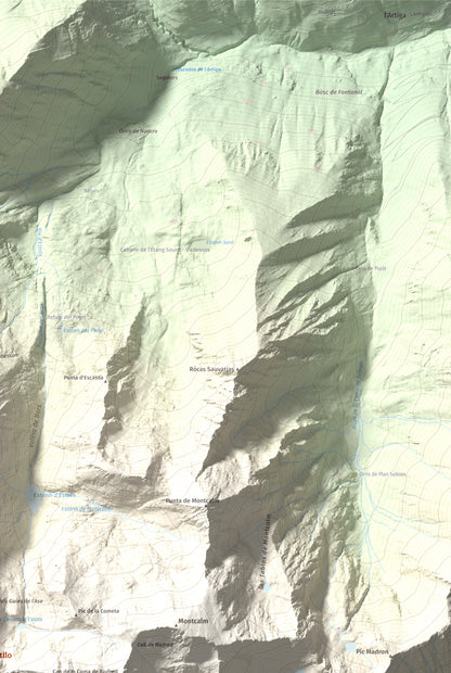 Mapa de relieve de Pic de Sotllo, 3073 m, Pallars Sobirà, lámina 100 Cims de Trobart. Detalle de la zona superior derecha. 61 × 91 cm.