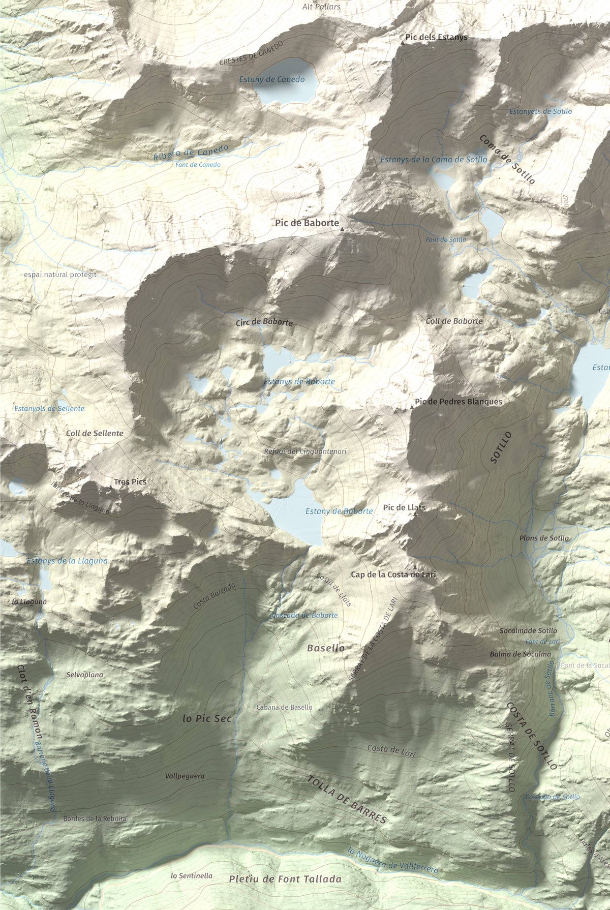 Mapa de relieve de Pic de Sotllo, 3073 m, Pallars Sobirà, lámina 100 Cims de Trobart. Detalle de la zona inferior izquierda. 61 × 91 cm.