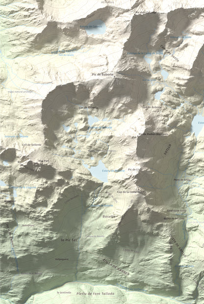 Mapa de relieve de Pic de Sotllo, 3073 m, Pallars Sobirà, lámina 100 Cims de Trobart. Detalle de la zona inferior izquierda. 61 × 91 cm.