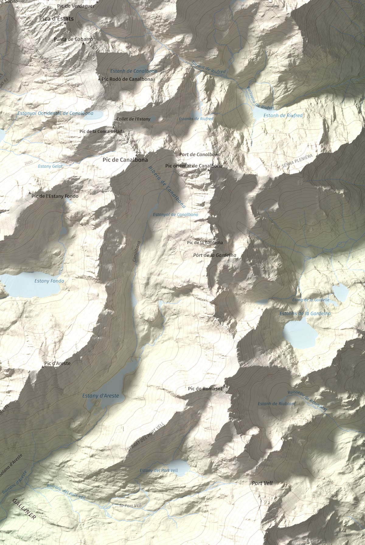 Mapa de relieve de Pic de Sotllo, 3073 m, Pallars Sobirà, lámina 100 Cims de Trobart. Detalle de la zona inferior derecha. 61 × 91 cm.