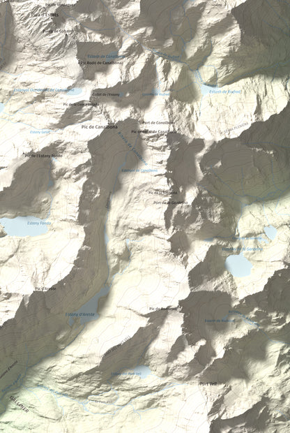 Mapa de relieve de Pic de Sotllo, 3073 m, Pallars Sobirà, lámina 100 Cims de Trobart. Detalle de la zona inferior derecha. 61 × 91 cm.