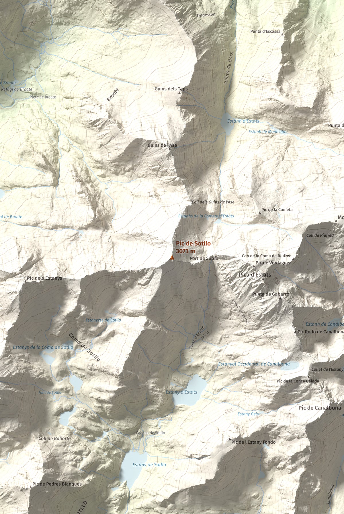 Mapa de relieve de Pic de Sotllo, 3073 m, Pallars Sobirà, lámina 100 Cims de Trobart. Detalle de la zona central. 61 × 91 cm.