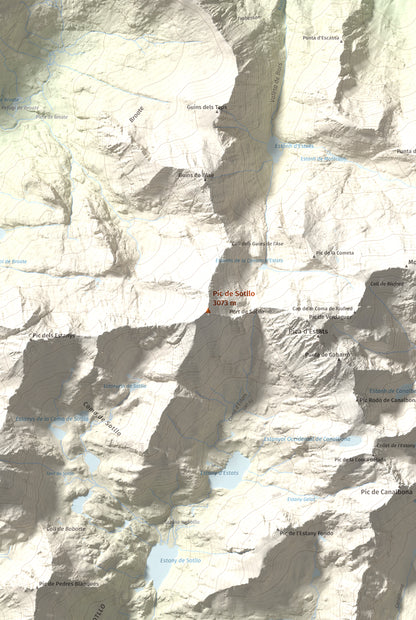 Mapa de relieve de Pic de Sotllo, 3073 m, Pallars Sobirà, lámina 100 Cims de Trobart. Detalle de la zona central. 61 × 91 cm.