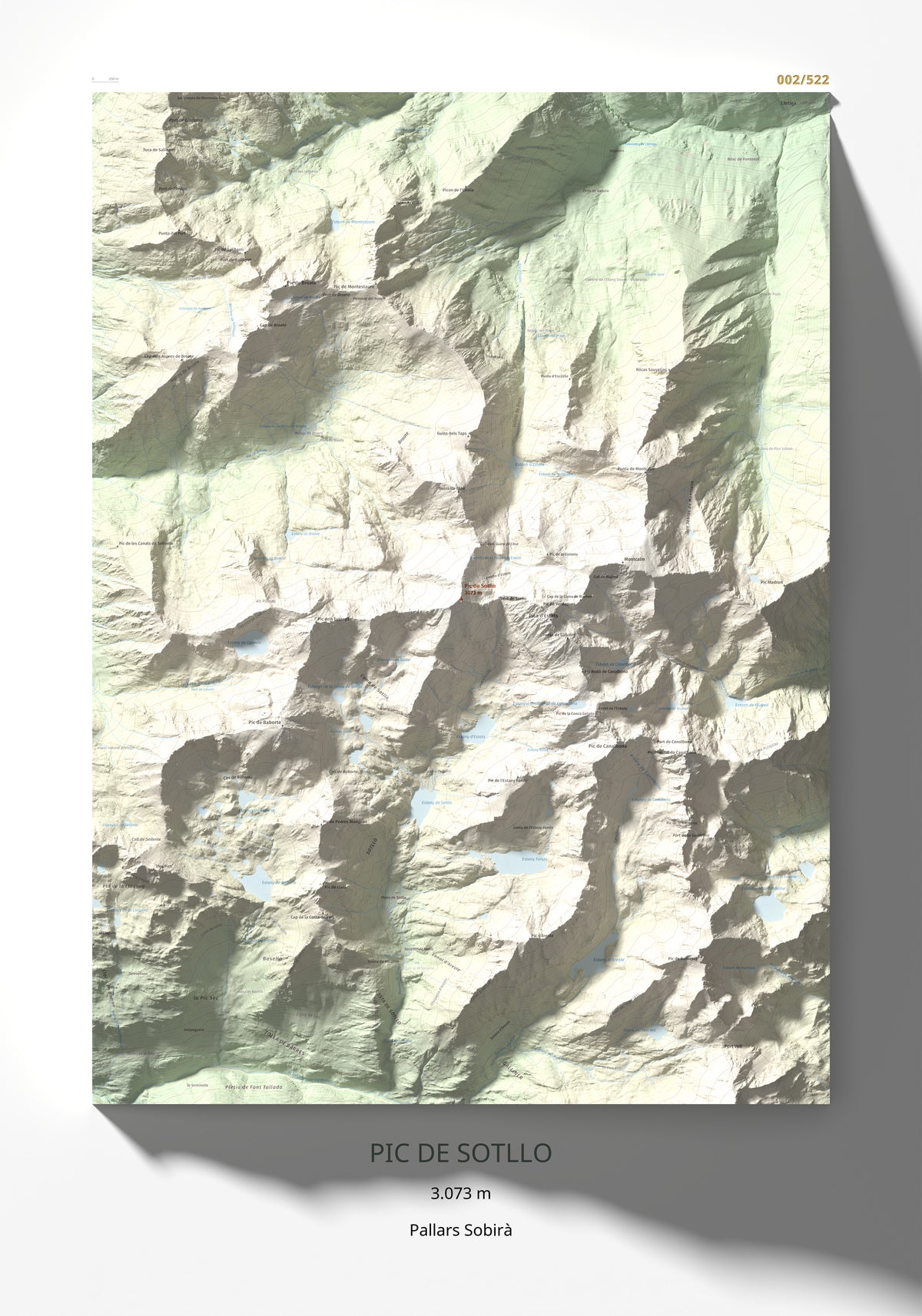 Mapa de relieve de Pic de Sotllo, 3073 m, Pallars Sobirà, lámina 100 Cims de Trobart 70 × 100 cm.