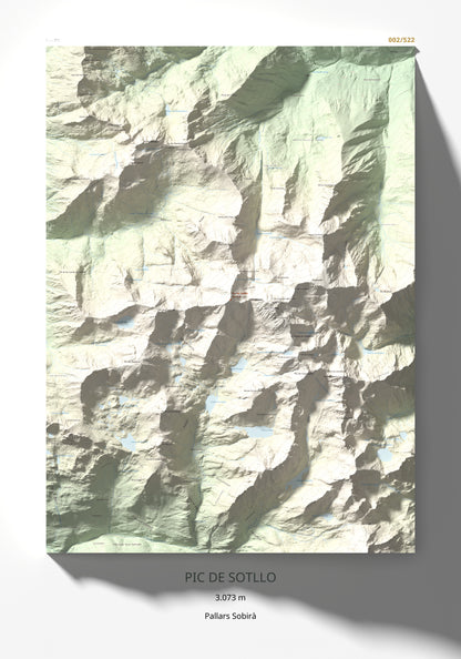 Mapa de relieve de Pic de Sotllo, 3073 m, Pallars Sobirà, lámina 100 Cims de Trobart 70 × 100 cm.