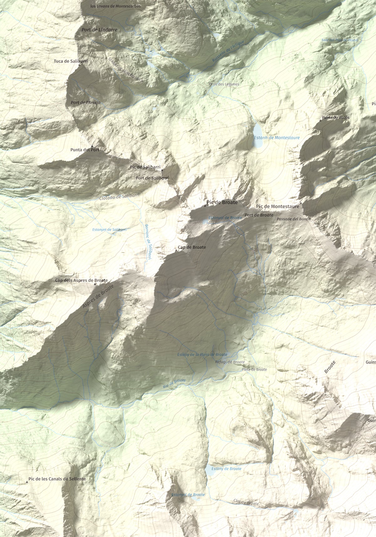 Mapa de relieve de Pic de Sotllo, 3073 m, Pallars Sobirà, lámina 100 Cims de Trobart. Detalle de la zona superior izquierda. 70 × 100 cm.