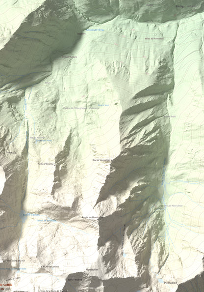 Mapa de relieve de Pic de Sotllo, 3073 m, Pallars Sobirà, lámina 100 Cims de Trobart. Detalle de la zona superior derecha. 70 × 100 cm.