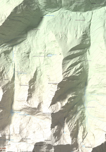 Mapa de relieve de Pic de Sotllo, 3073 m, Pallars Sobirà, lámina 100 Cims de Trobart. Detalle de la zona superior derecha. 70 × 100 cm.
