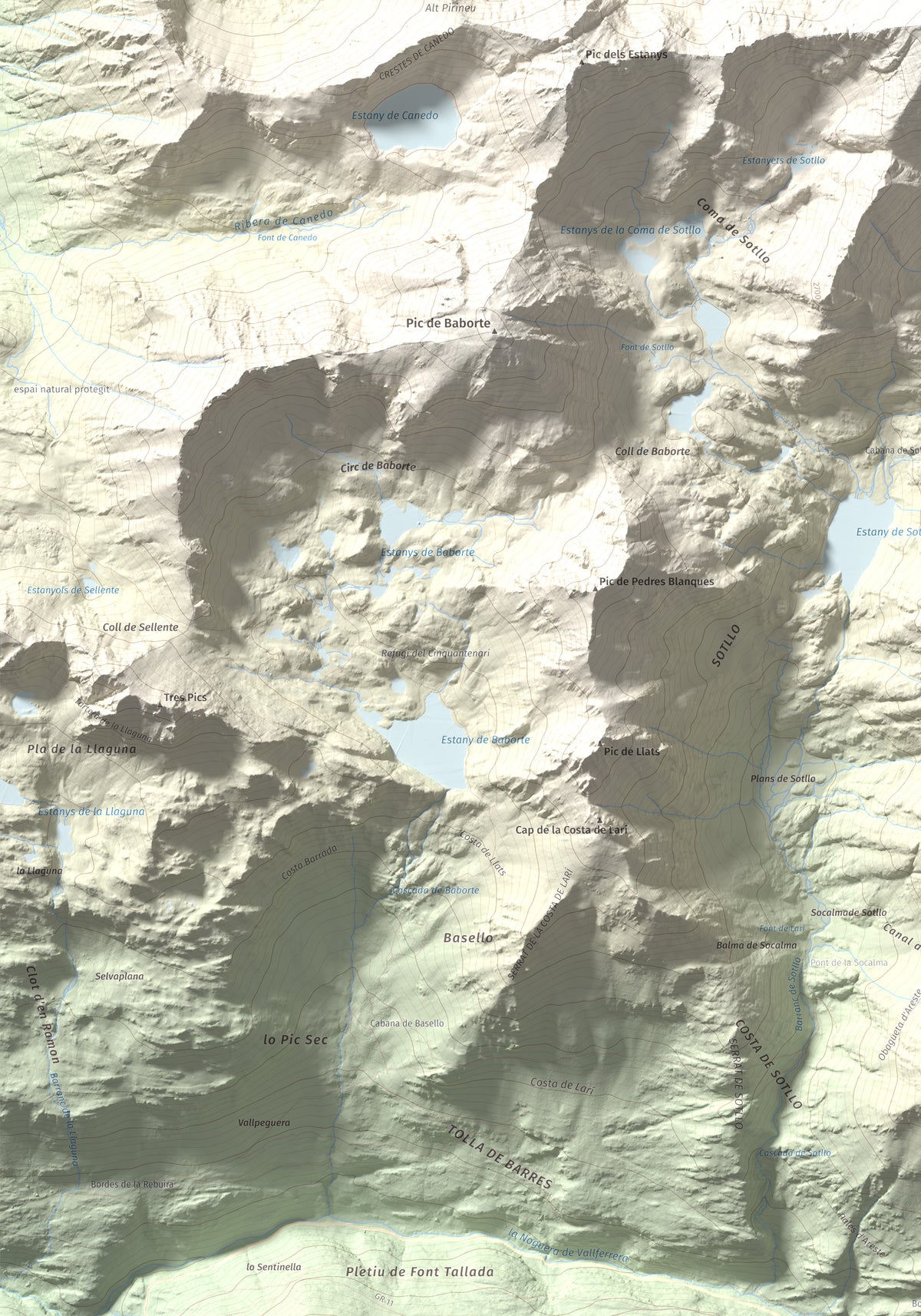 Mapa de relieve de Pic de Sotllo, 3073 m, Pallars Sobirà, lámina 100 Cims de Trobart. Detalle de la zona inferior izquierda. 70 × 100 cm.