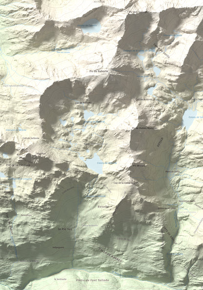 Mapa de relieve de Pic de Sotllo, 3073 m, Pallars Sobirà, lámina 100 Cims de Trobart. Detalle de la zona inferior izquierda. 70 × 100 cm.