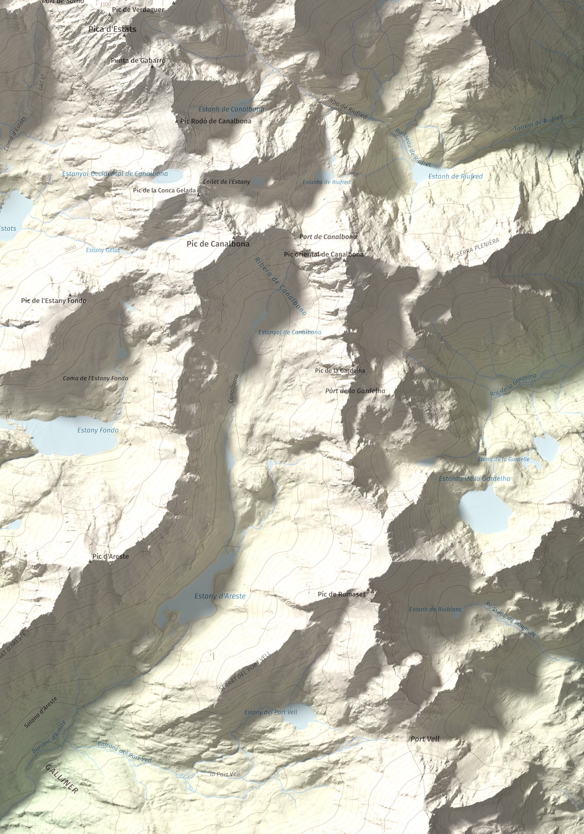 Mapa de relieve de Pic de Sotllo, 3073 m, Pallars Sobirà, lámina 100 Cims de Trobart. Detalle de la zona inferior derecha. 70 × 100 cm.